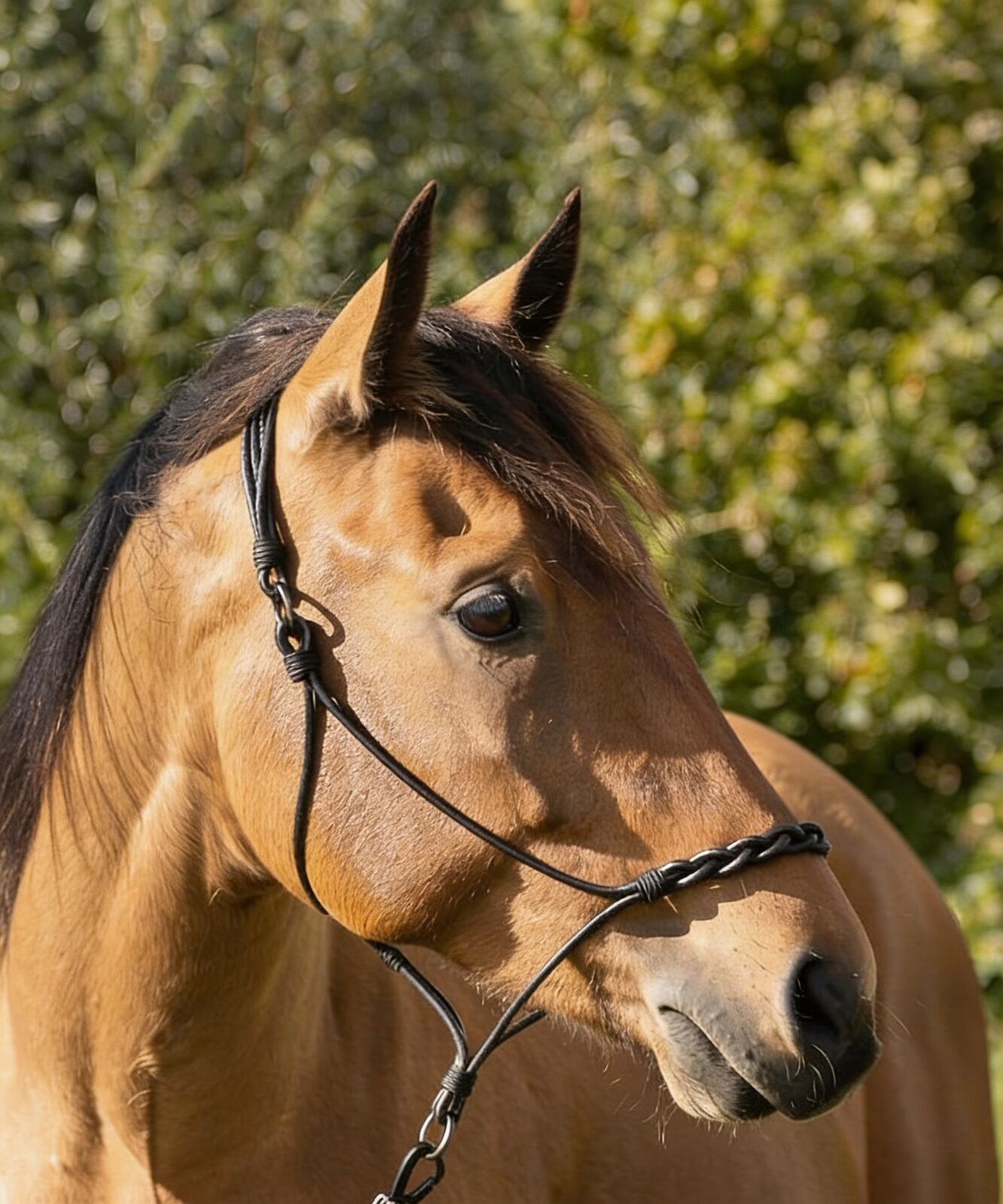Buckskin paard met leren halster