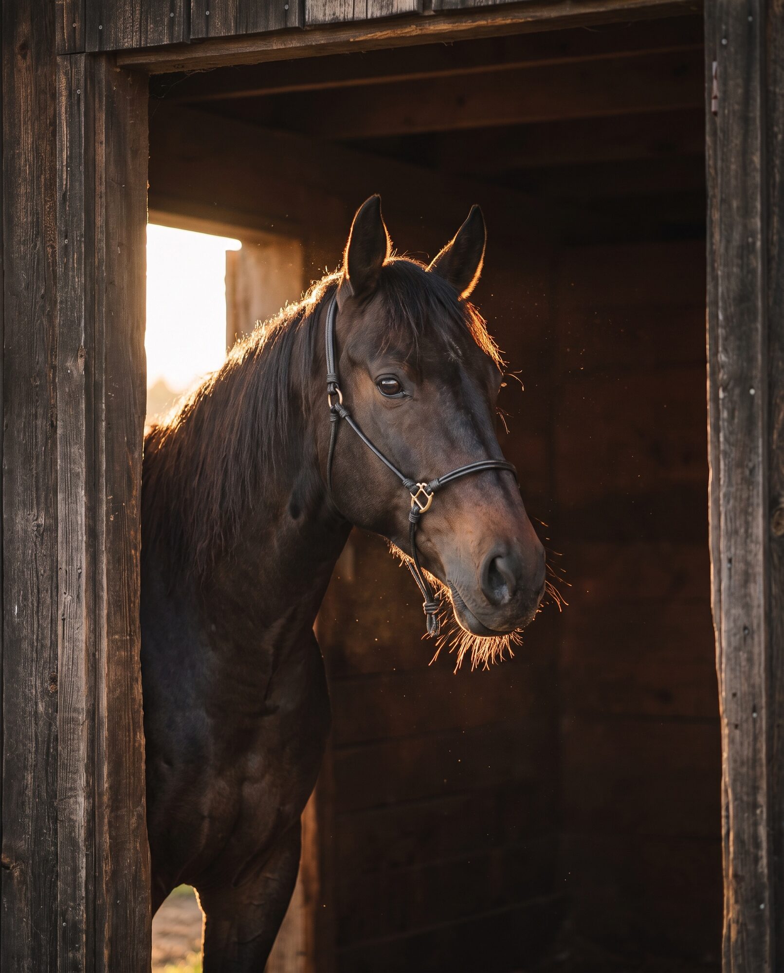 Donkerbruin paard in de deuropening van een houten stal, tegenlicht, met leren halster