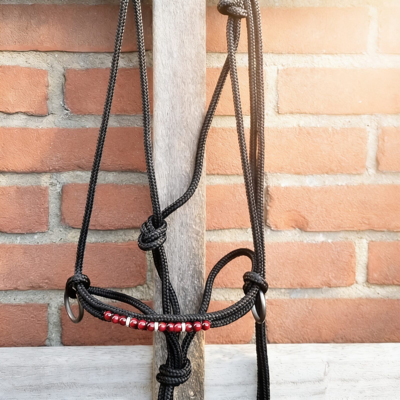 Zwart touwhalster met rode edelstenen